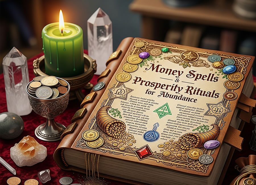 Money spells and prosperity ritual tools including candles, coins, and herbs arranged on altar