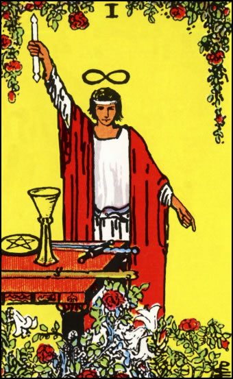 The Magician Tarot Card depicting a figure with magical tools and symbols