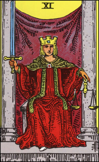 Justice Tarot Card depicting a figure of justice with scales and sword