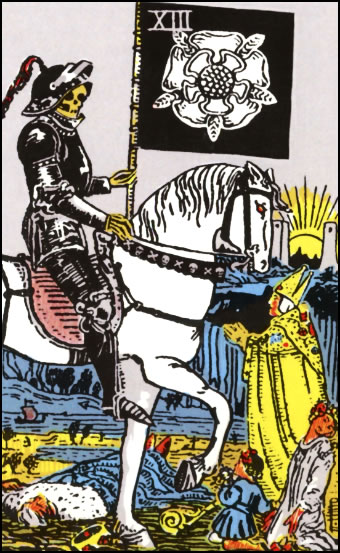 Death Tarot Card depicting the Grim Reaper on a white horse with fallen figures