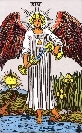 Temperance Tarot Card depicting an angel mixing water between two cups with symbols of balance