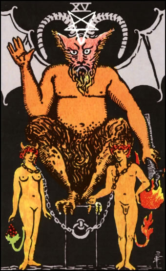 The Devil Tarot Card depicting a horned figure with chained figures