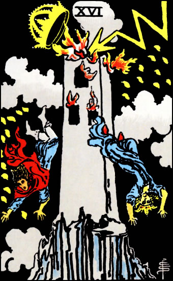 The Tower Tarot Card depicting a tower being struck by lightning