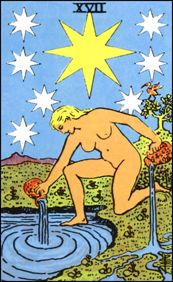 The Star Tarot Card depicting a woman pouring water under a starry sky
