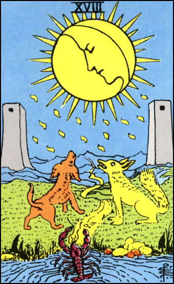 The Moon Tarot Card depicting a moon with a face and two towers with a path leading between them