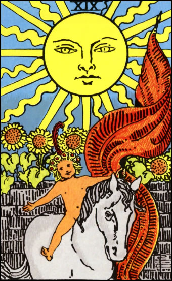 The Sun Tarot Card depicting a bright sun with a child on a horse