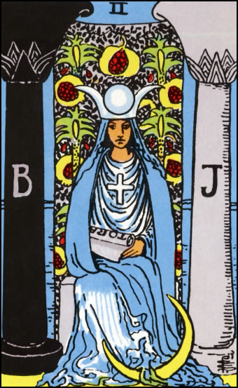 The High Priestess Tarot Card depicting a mysterious female figure with symbols of intuition