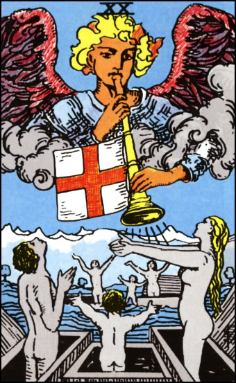Judgement Tarot Card depicting an angel blowing a trumpet with figures rising from coffins