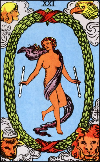 The World Tarot Card depicting a woman in the center with laurel wreath and four figures in corners