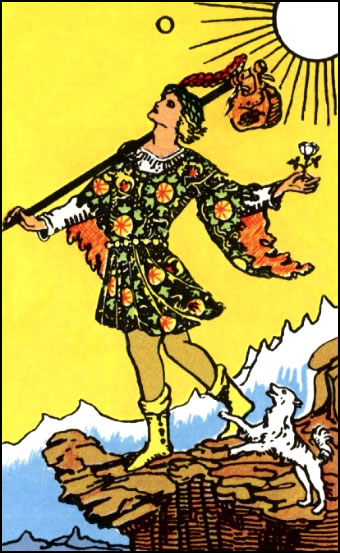 The Fool Tarot Card depicting a young man with a knapsack stepping off a cliff