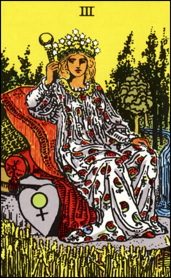 The Empress Tarot Card depicting a regal woman surrounded by symbols of fertility and abundance