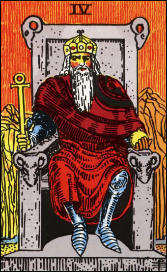 The Emperor Tarot Card depicting a regal figure with symbols of authority and power
