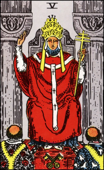 The Hierophant Tarot Card depicting a spiritual figure with symbols of tradition and wisdom