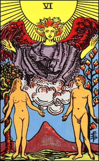 The Lovers Tarot Card depicting a couple in harmony with symbols of love and choice