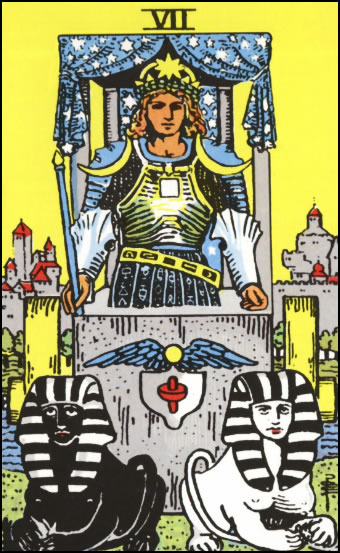 The Chariot Tarot Card depicting a warrior in a chariot pulled by sphinxes