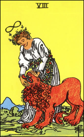 Strength Tarot Card depicting a woman gently taming a lion with compassion