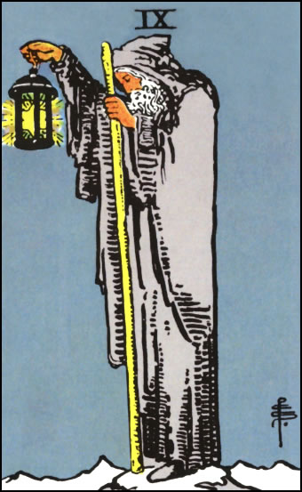 The Hermit Tarot Card depicting a wise figure with a lantern seeking inner light